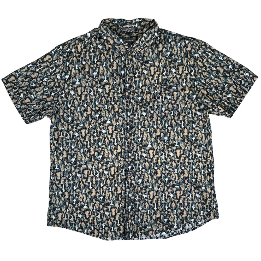 Eddie‎ Bauer Button Up Shirt Mens XL Green Short Sleeve Fly Fishing Collared